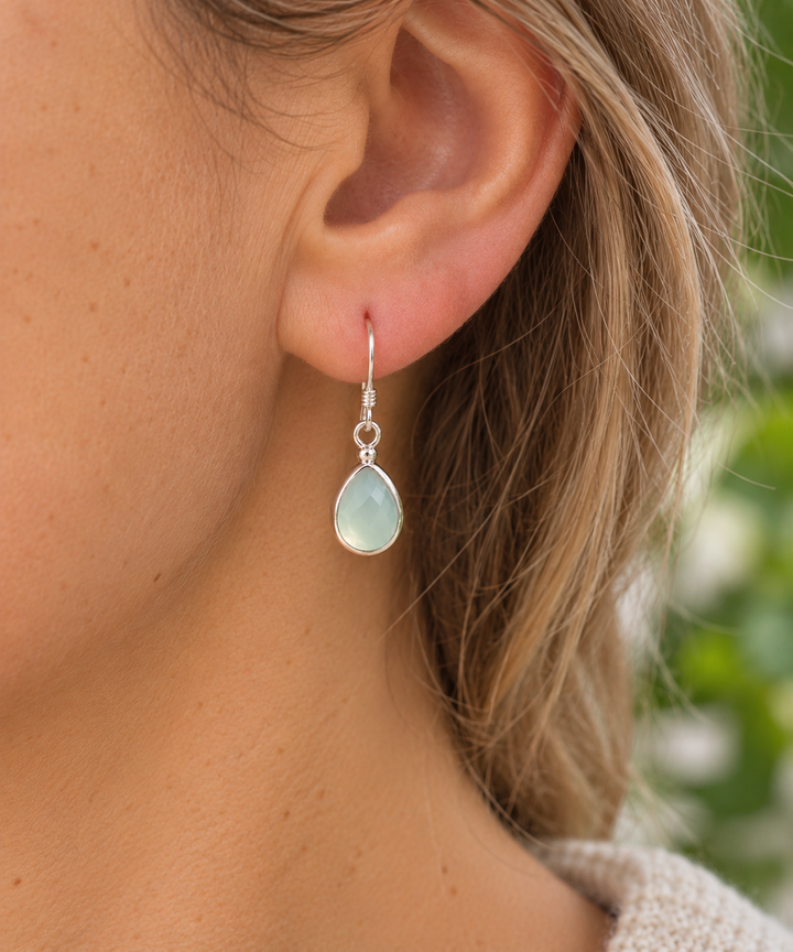 Faceted Pale Green Chalcedony Sterling Silver Teardrop Earrings