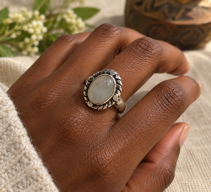 Handmade Grey Moonstone Silver Ring – Size L