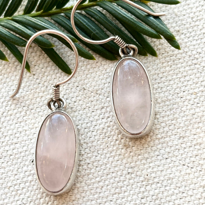 Sterling Silver Rose Quartz Oval Drop Earrings