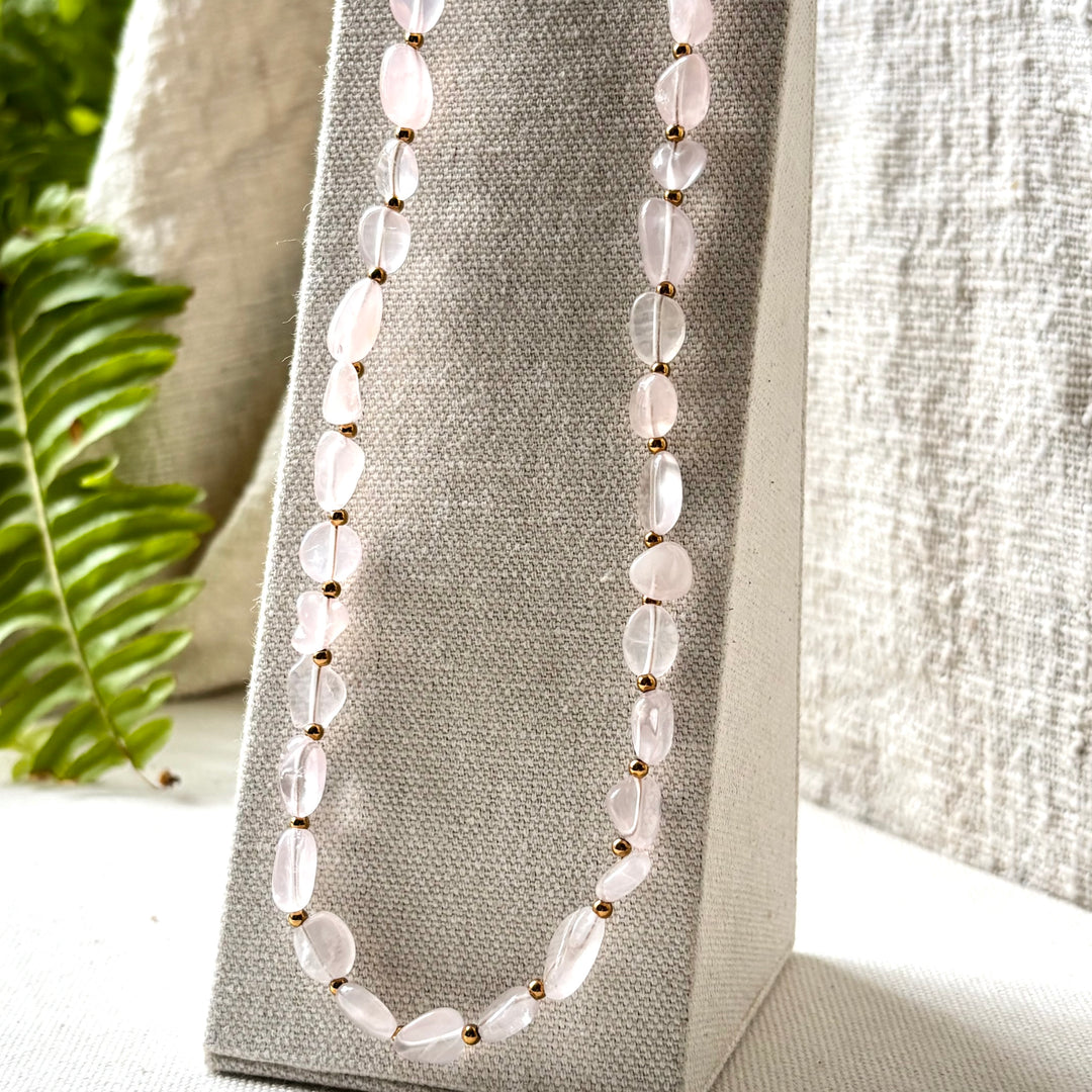 Handmade Rose Quartz Bead Necklace – 16–18 Inches