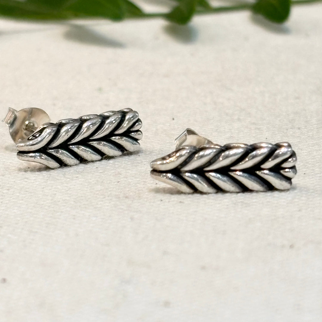 Handmade Braided Silver Bar Stud Earrings