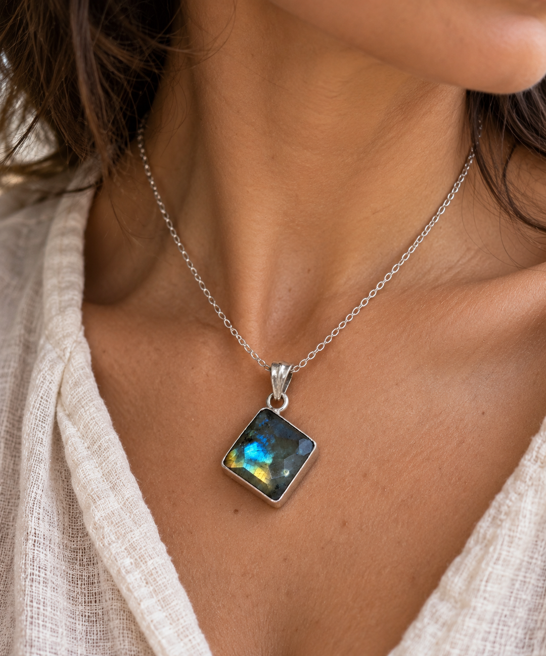 Square Labradorite Silver Pendant