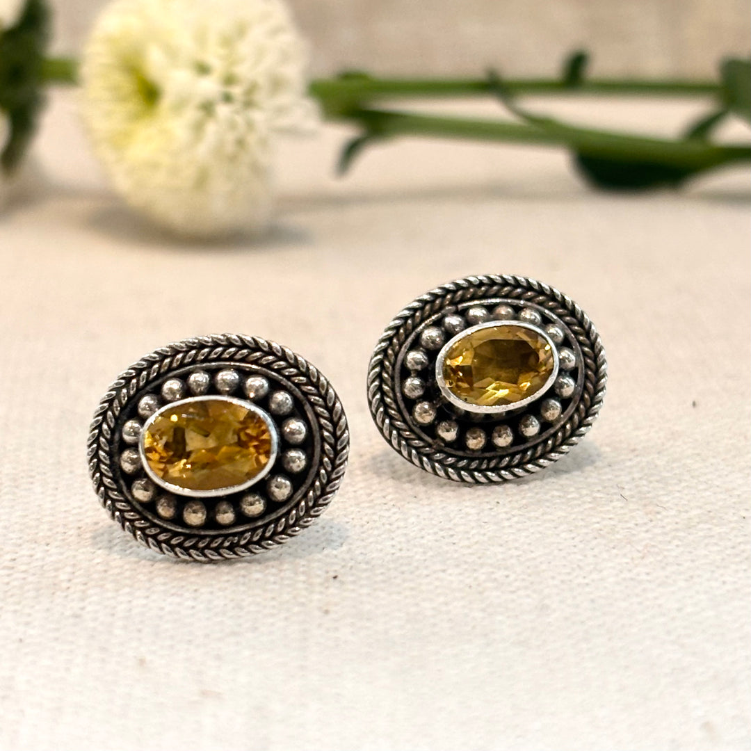 Large Citrine Silver Ornate Stud Earrings 14 x 10 mm