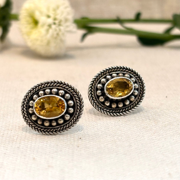 Large Citrine Silver Ornate Stud Earrings 14 x 10 mm