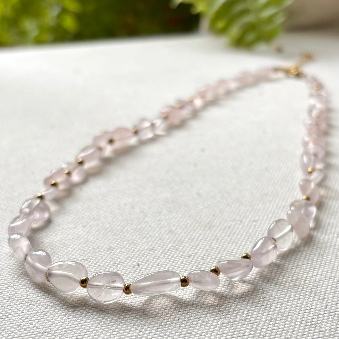 Handmade Rose Quartz Bead Necklace – 16–18 Inches