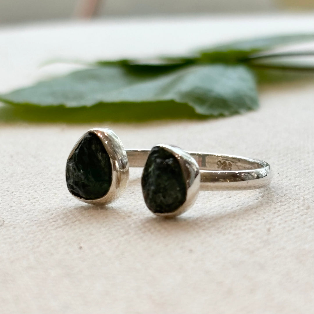 Sterling Silver Raw Green Tourmaline Ring – Size R