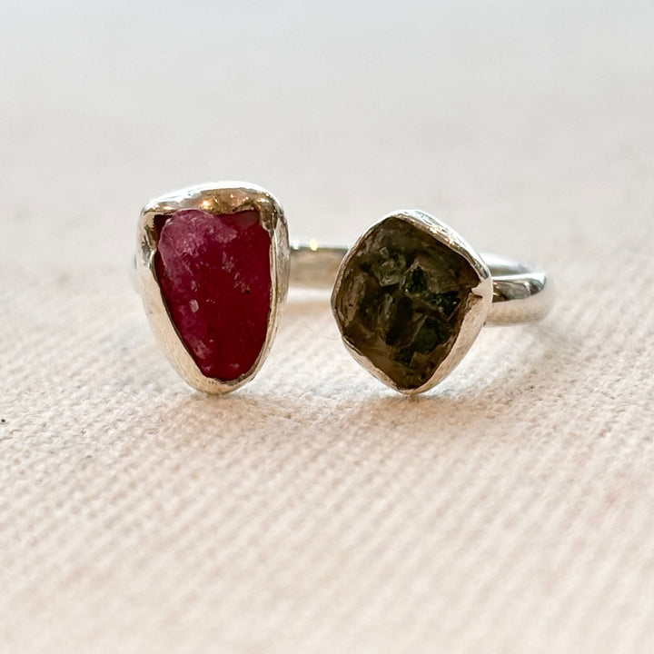 Sterling Silver Raw Pink & Green Tourmaline Ring – Size O