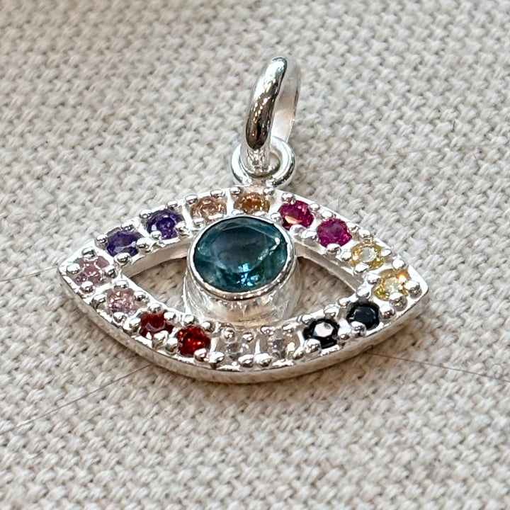 Turquoise & Purple Zircon Evil Eye Silver Necklace – 18 Inch Chain