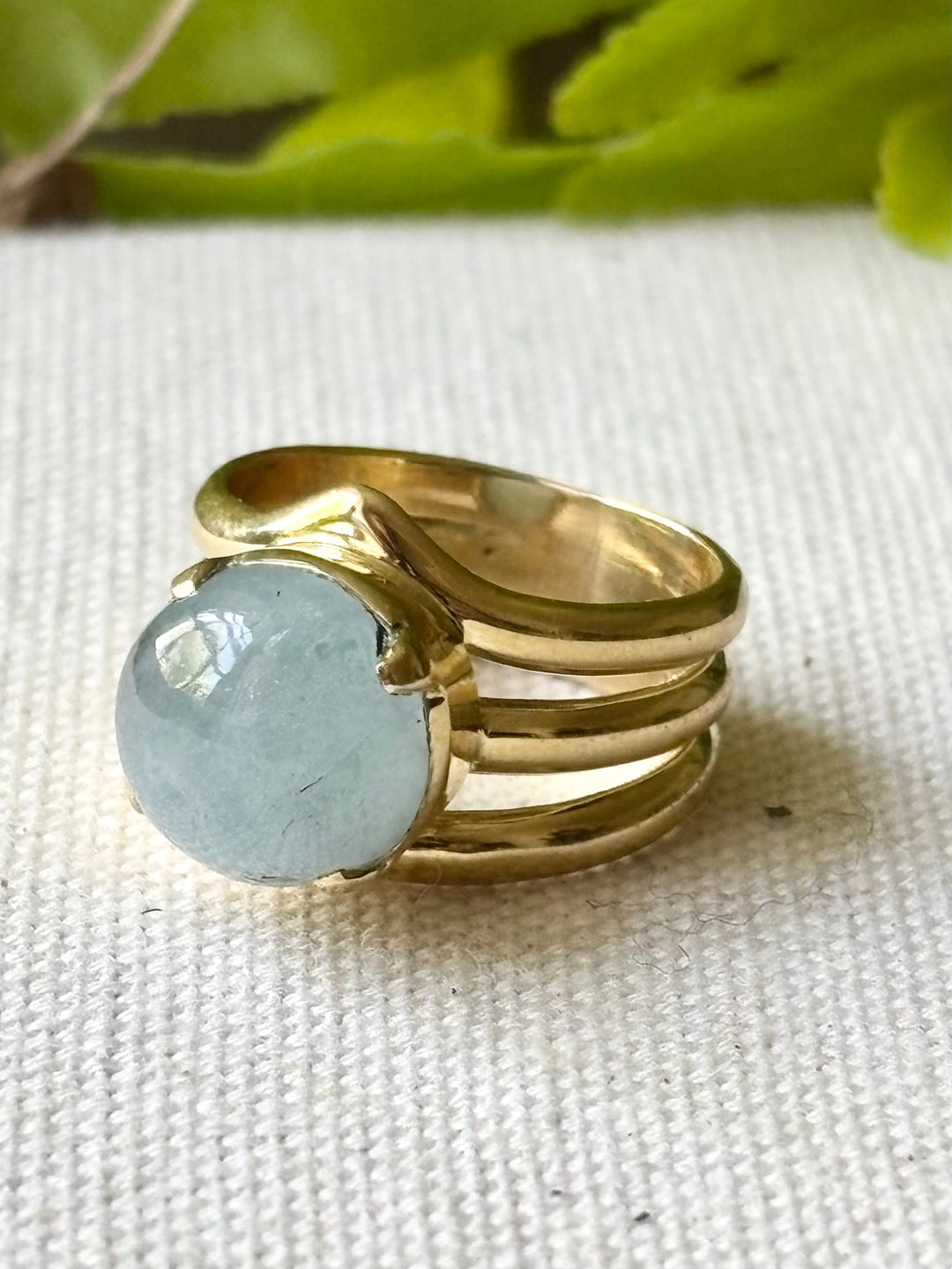 Aquamarine Cabochon Panchadhatu Ring – Handmade. Size L