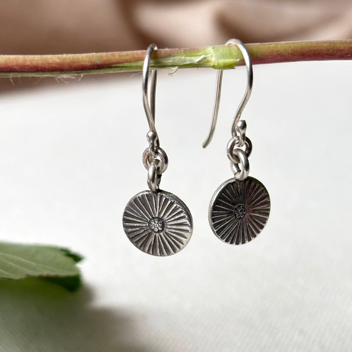 Oxidised Silver Sunburst Drop Earrings