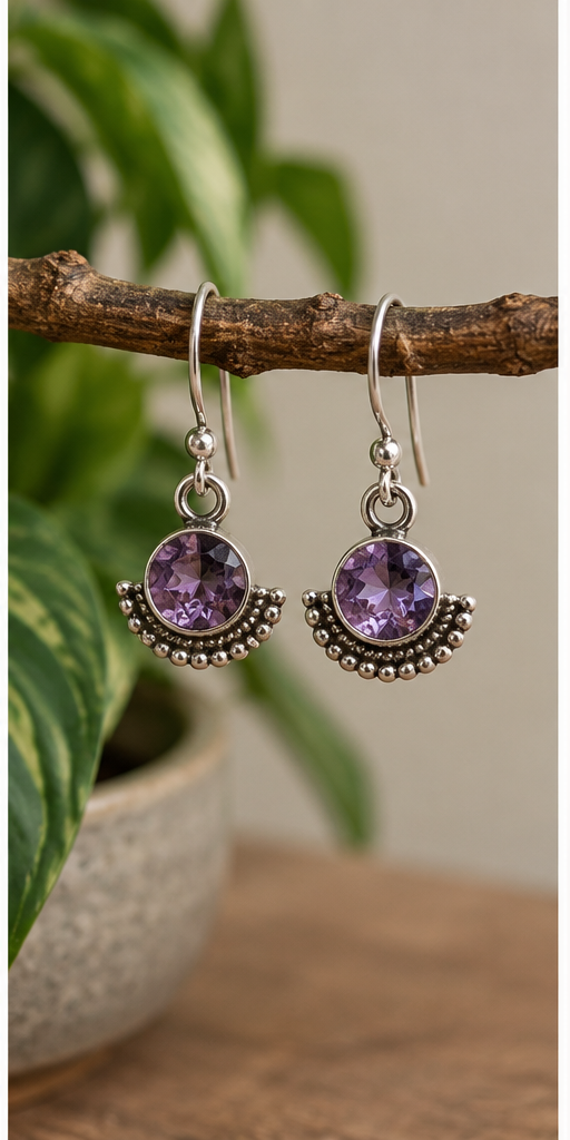 Sterling Silver Round Amethyst Earrings with Beaded Detail