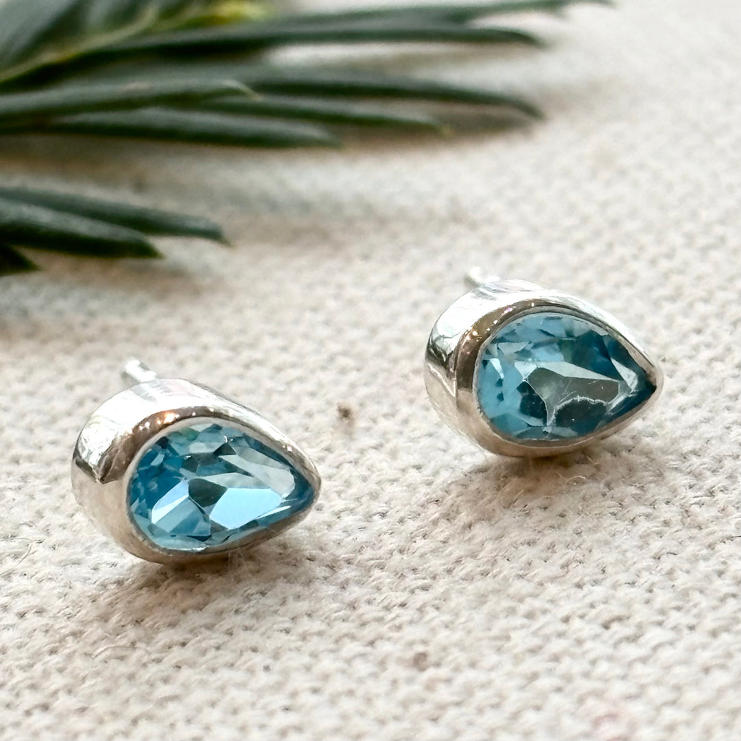 Sterling Silver Blue Topaz Pear Stud Earrings