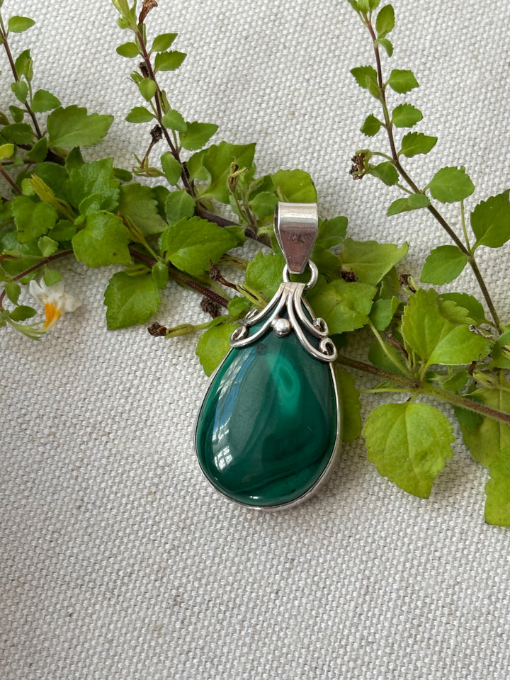 Malachite Sterling Silver Teardrop Pendant with Scroll Detail