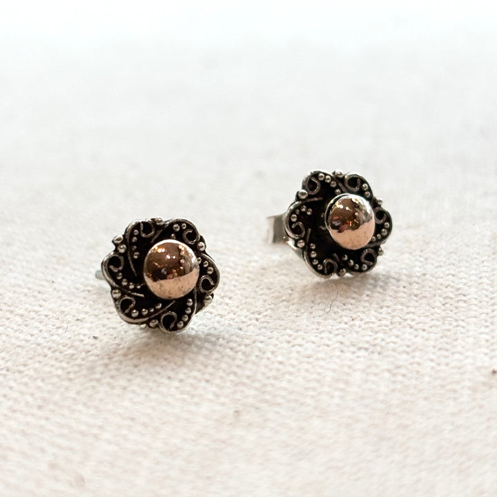 Silver Flower Stud Earrings with Gold Plated Centre