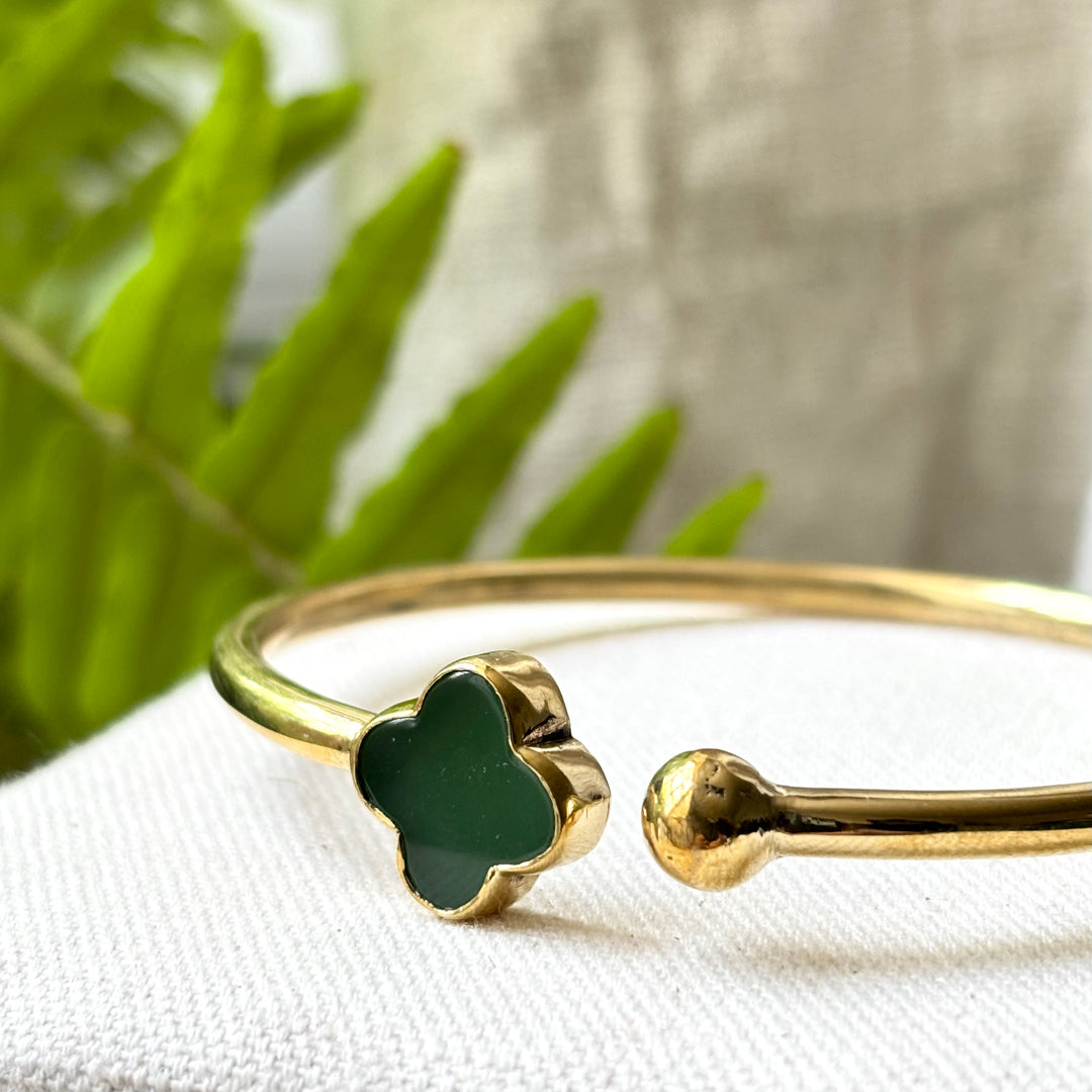Handmade Panchadhatu Green Clover Open Cuff Bangle