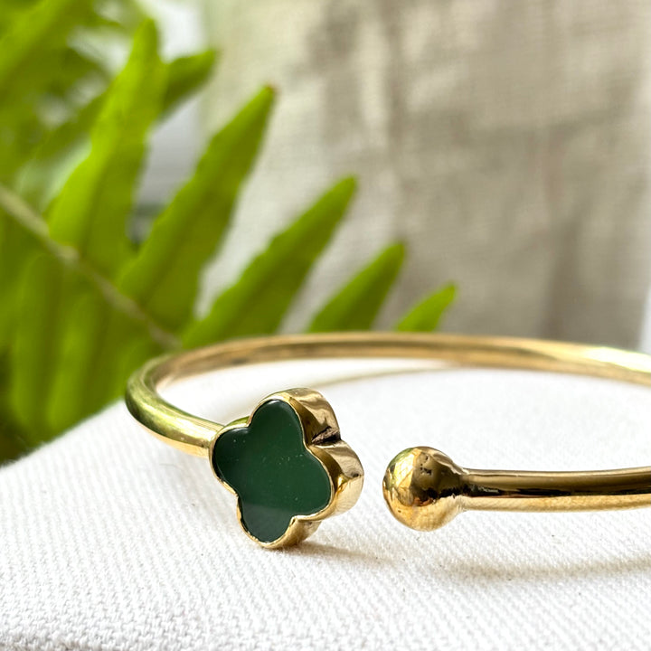 Handmade Panchadhatu Green Clover Open Cuff Bangle