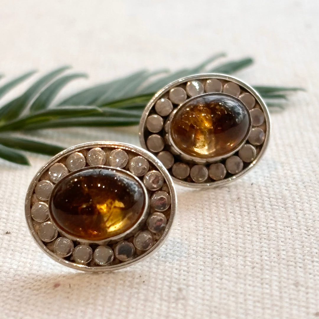 Sterling Silver Amber Halo Stud Earrings