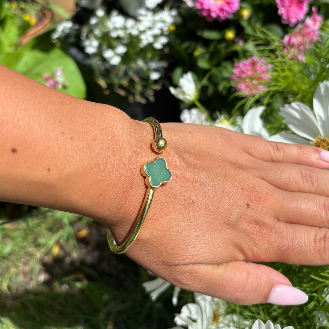 Handmade Panchadhatu Green Clover Open Cuff Bangle