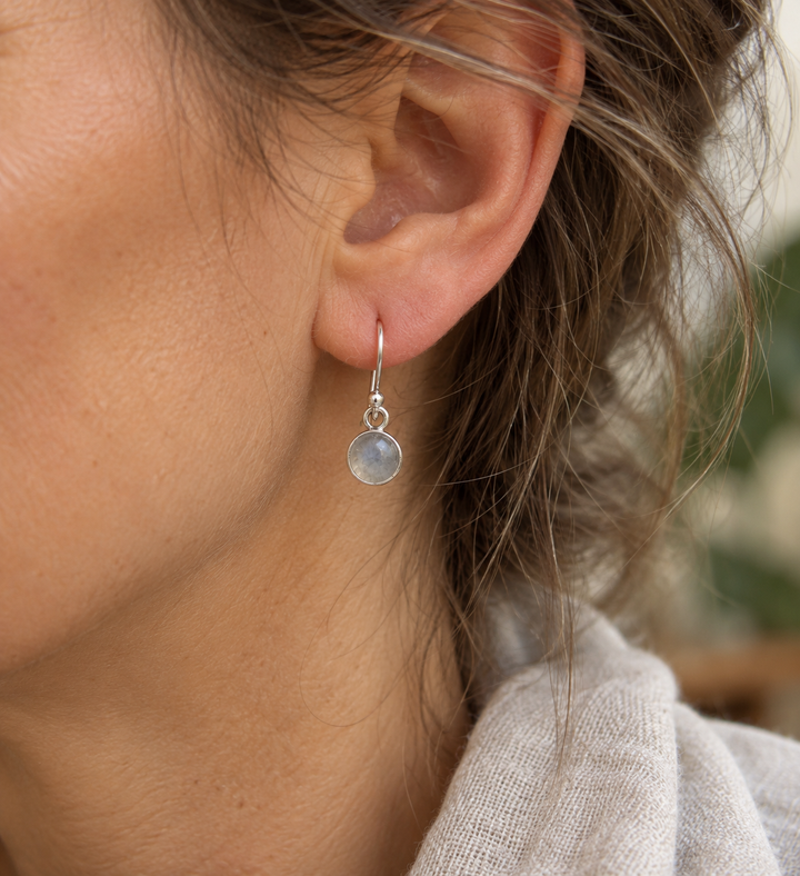 Sterling Silver Round Moonstone Drop Earrings