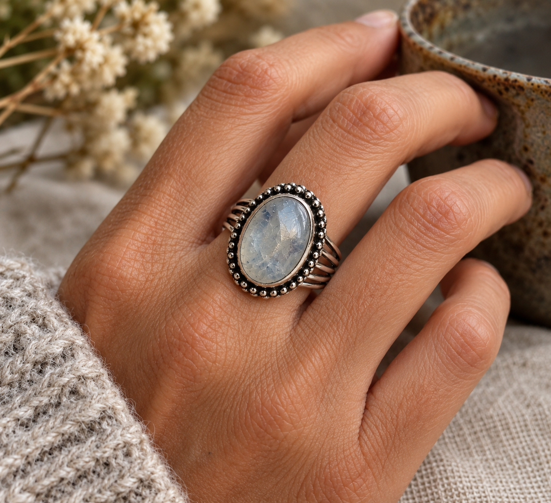 Oval Moonstone Silver Ring with Beaded Detail – Size N