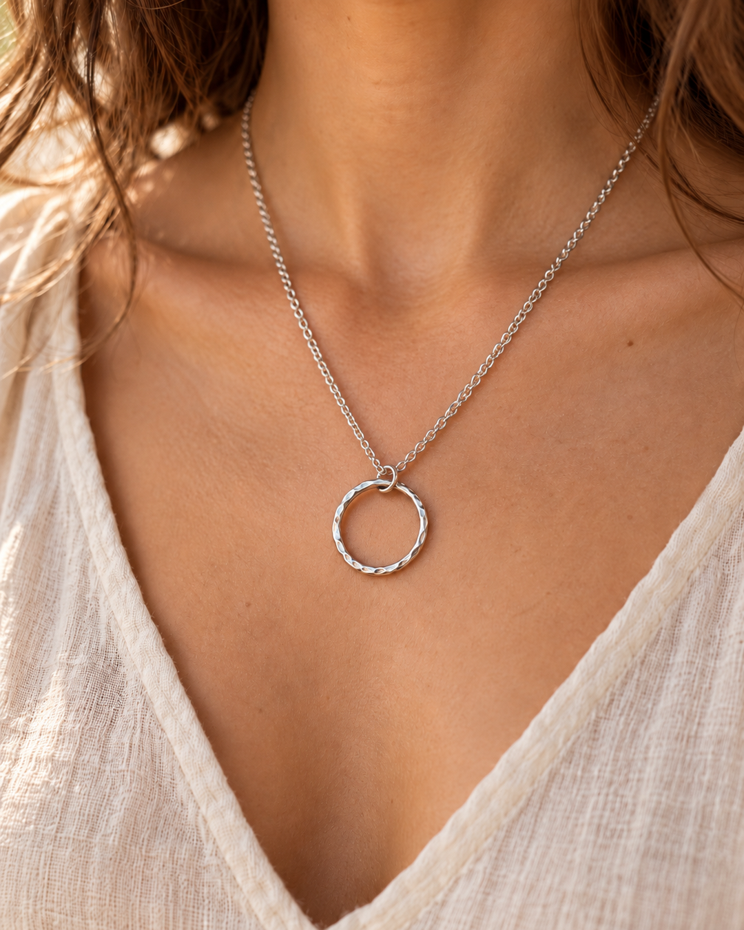 Handmade Solid Sterling Silver Hammered Circle Necklace