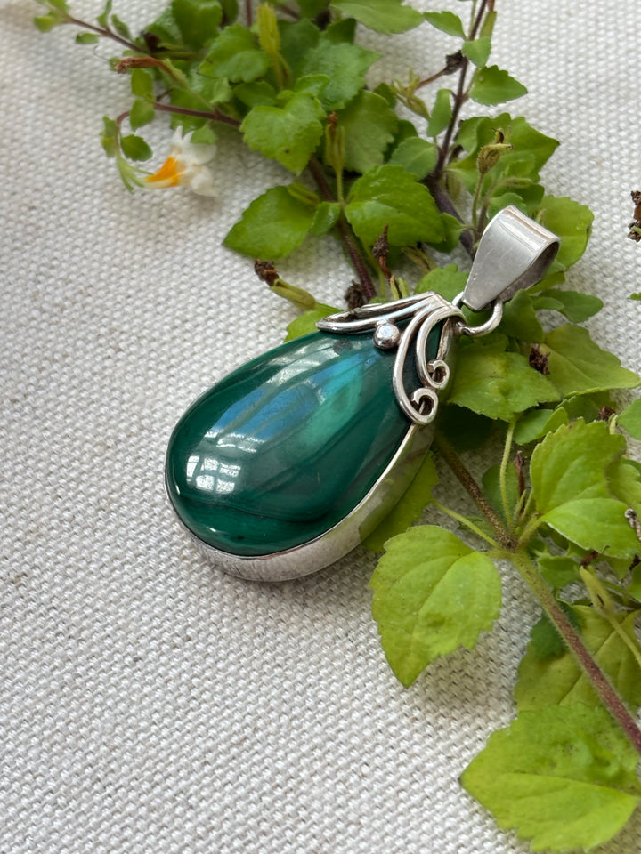 Malachite Sterling Silver Teardrop Pendant with Scroll Detail
