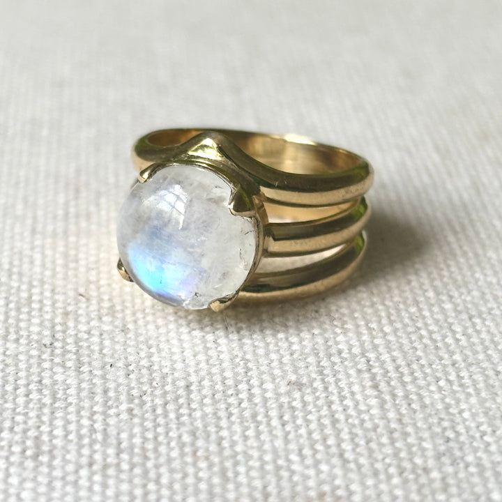 Moonstone Statement Ring in Panchadhatu – Multi Band Design – Size L