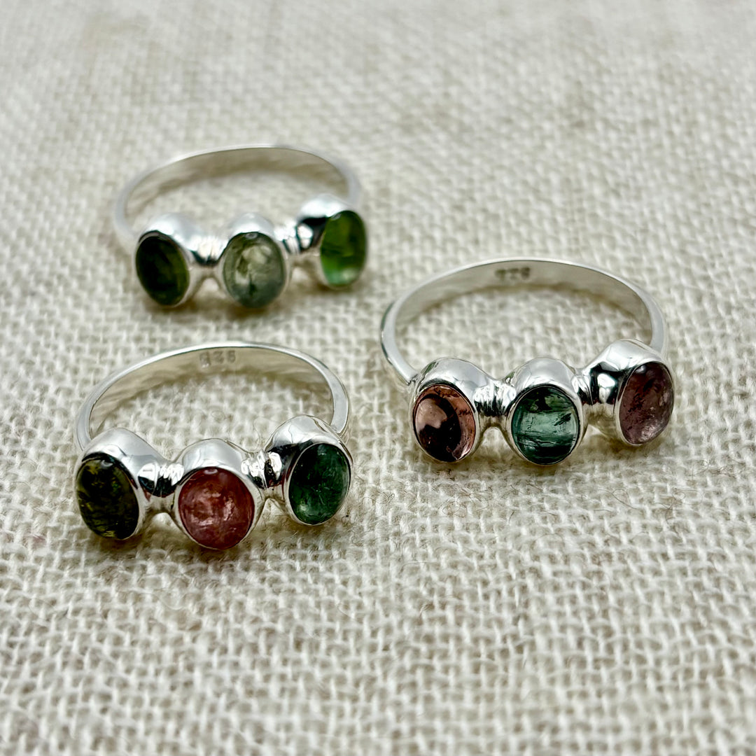 Forest Trio Green Tourmaline Ring – Sterling Silver (Size P)