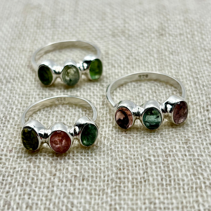 Forest Trio Green Tourmaline Ring – Sterling Silver (Size P)