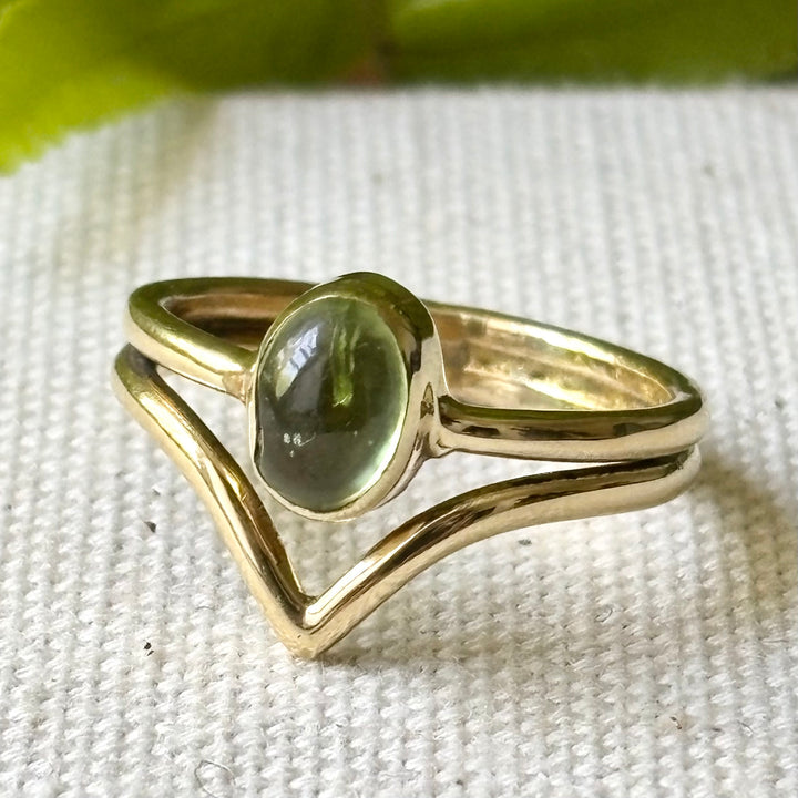 Peridot Cabochon Ring in Panchadhatu – Handmade Wrap Design – Size M