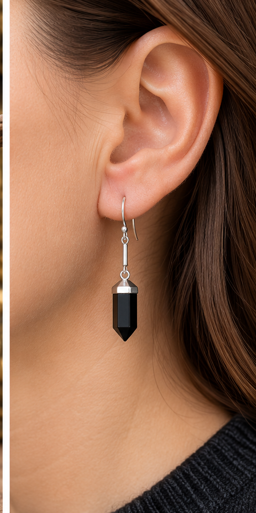 Sterling Silver Black Onyx  Crystal Point Drop Earrings