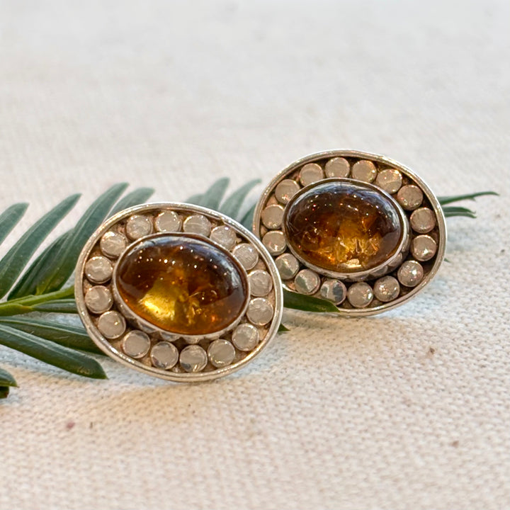 Sterling Silver Amber Halo Stud Earrings