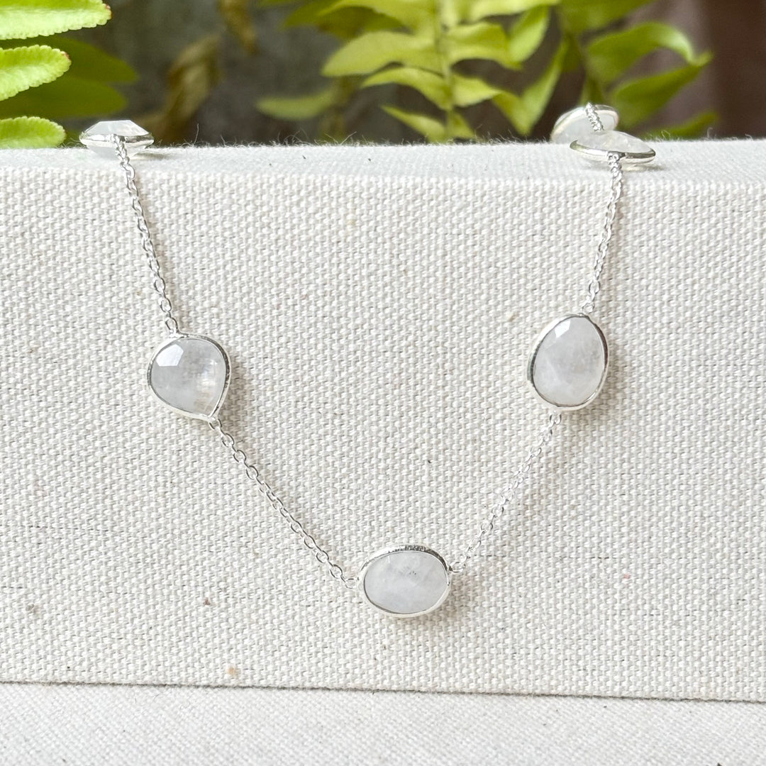 Moonstone Sterling Silver Station Necklace – 16–18 Inch Adjustable
