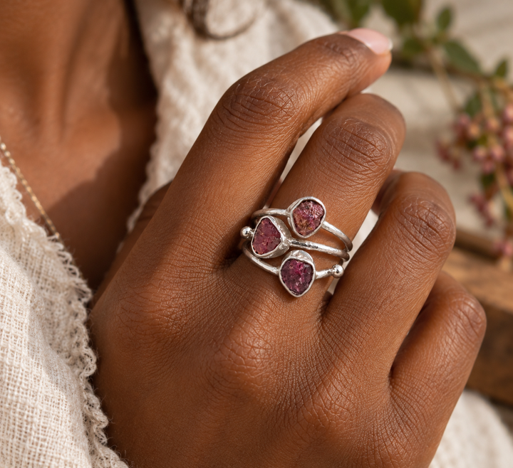 Three Stone Pink Tourmaline Sterling Silver Ring – Size K