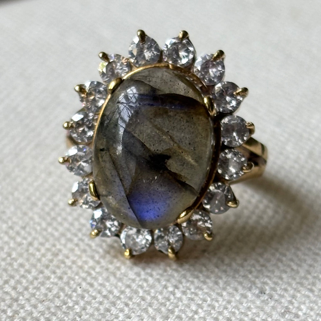 Handmade Panchadhatu Labradorite Halo Ring – Size L