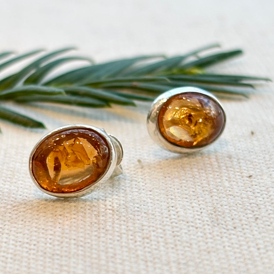 Sterling Silver Amber Oval Stud Earrings