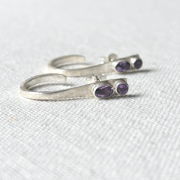 Handmade Amethyst Silver Open Hoop Stud Earrings