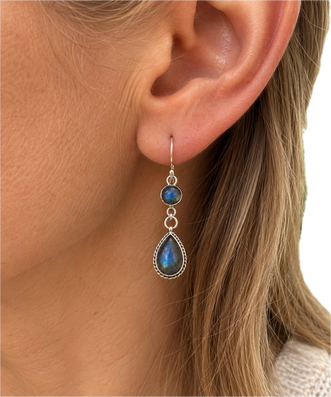 Blue Flash Labradorite Double Drop Silver Earrings
