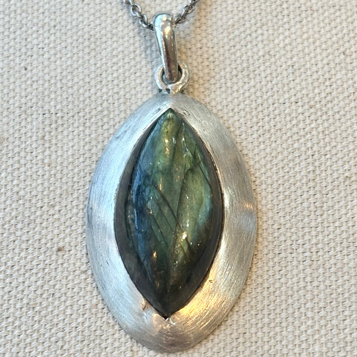 Large Labradorite Marquise Sterling Silver Necklace