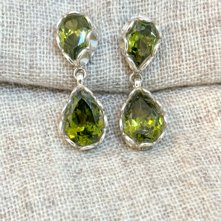 Handmade Green Obsidian Double Drop Silver Earrings – 33mm