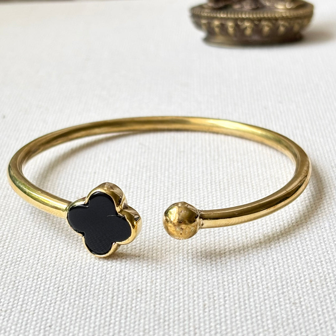 Handmade Panchadhatu Black Clover Open Cuff Bangle