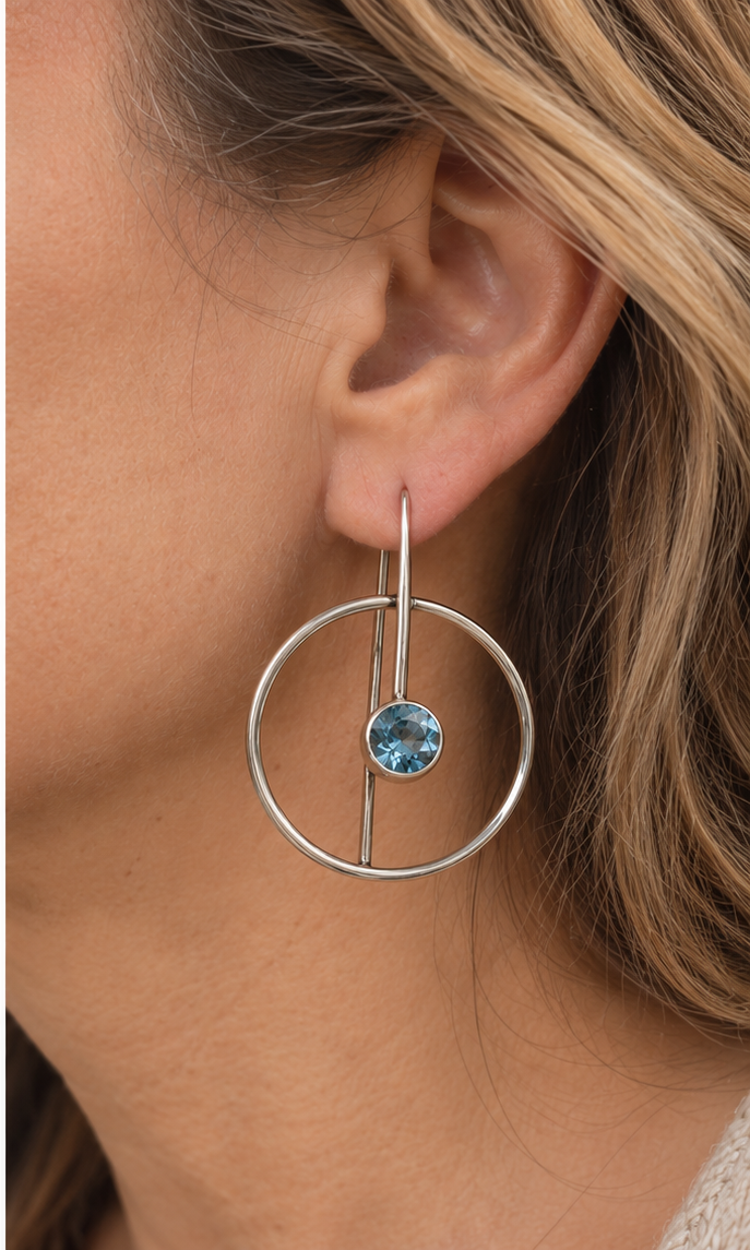 Sterling Silver Geometric Blue Topaz Circle Earrings
