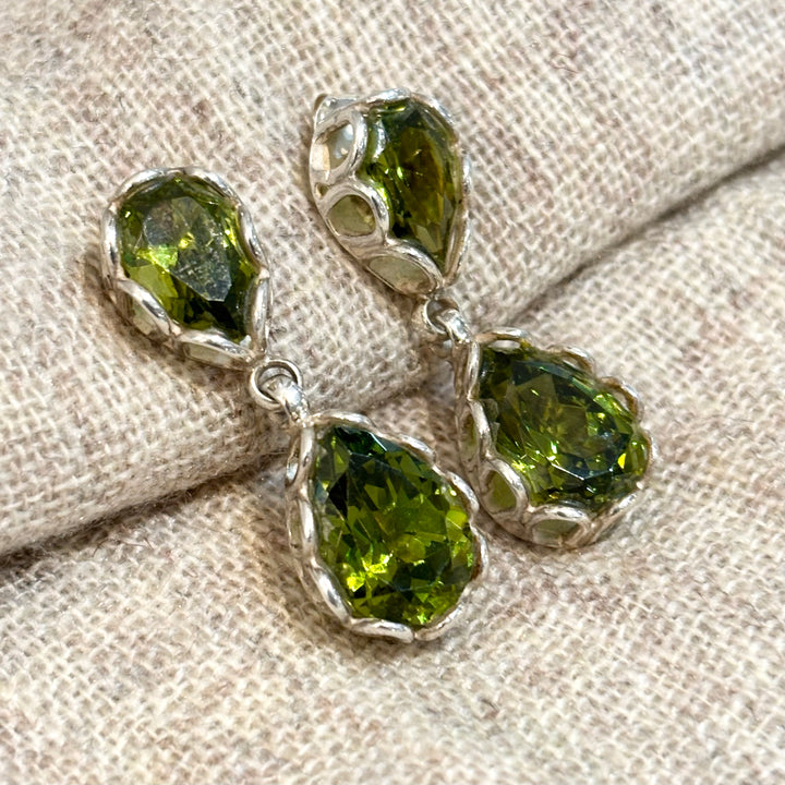 Handmade Green Obsidian Double Drop Silver Earrings – 33mm