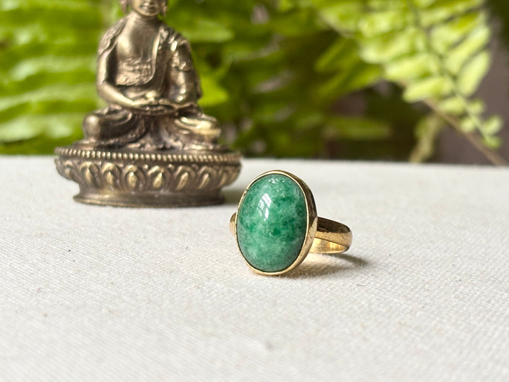 Green Aventurine Oval Ring – 18 x 10 mm Stone – Size Q – Panchadhatu – Handmade