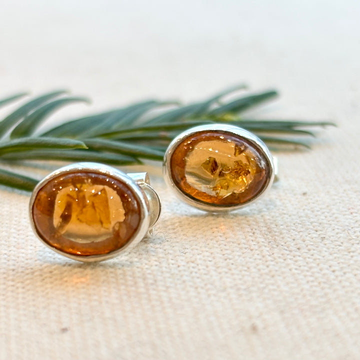 Sterling Silver Amber Oval Stud Earrings
