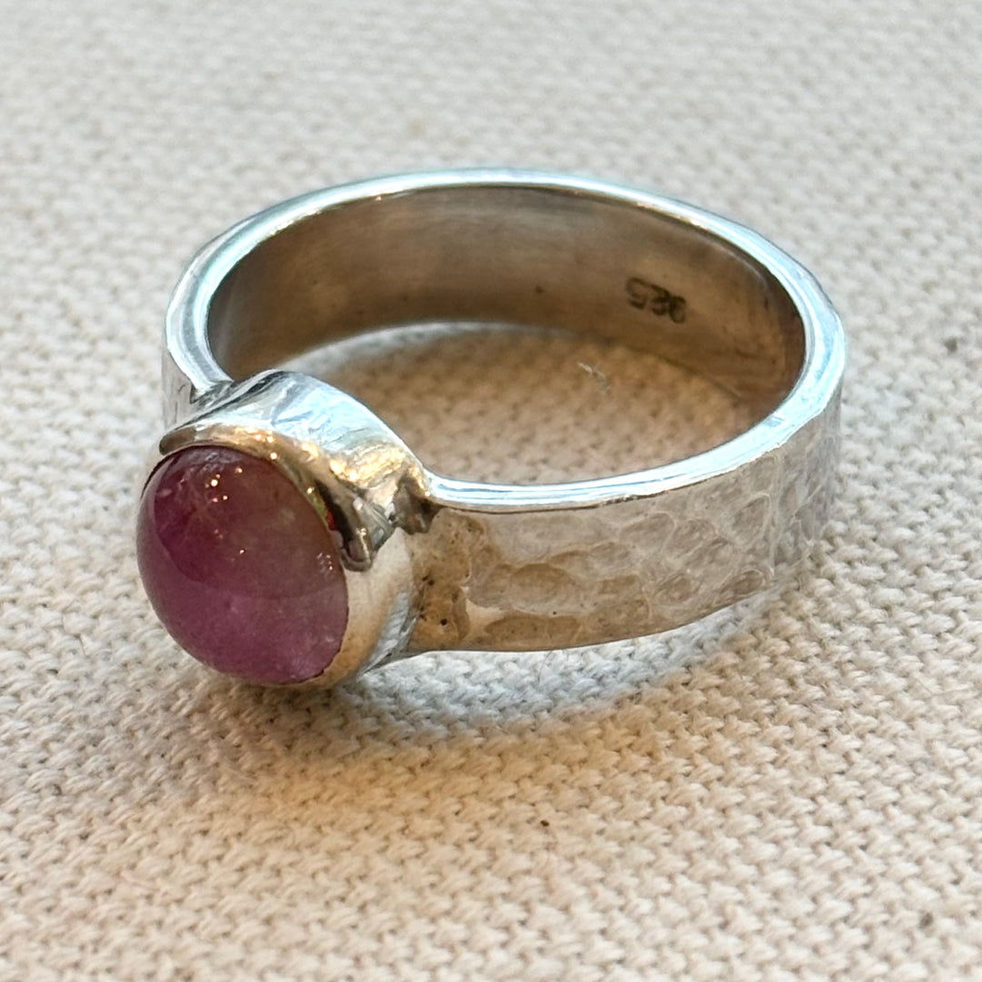 Pink Tourmaline Hammered Silver Ring – Size P