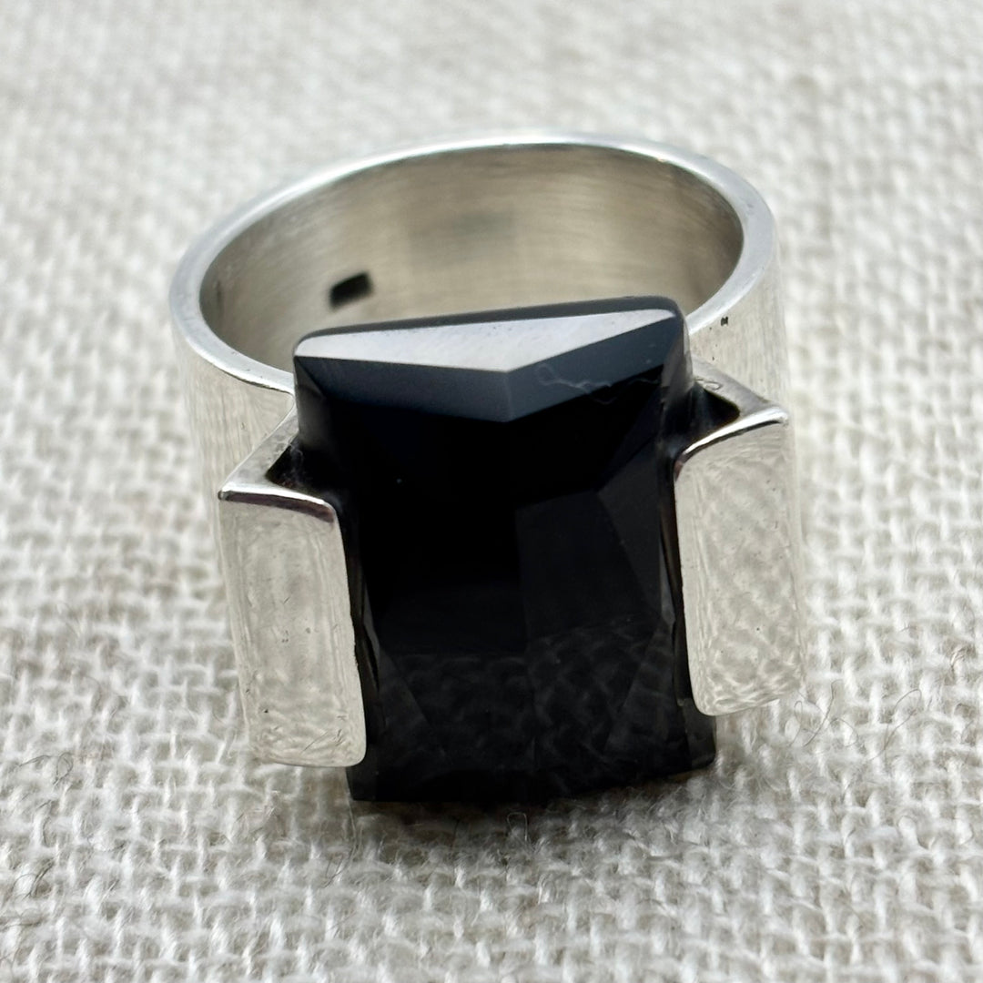 Bold Black Onyx Statement Ring in Sterling Silver (Size R)