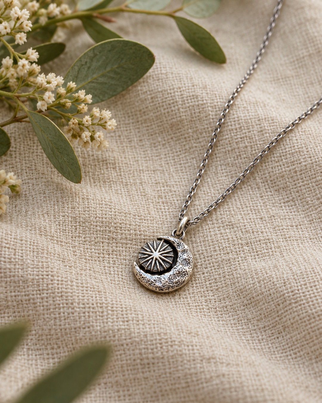 Handmade Solid Sterling Silver Sun & Moon Necklace