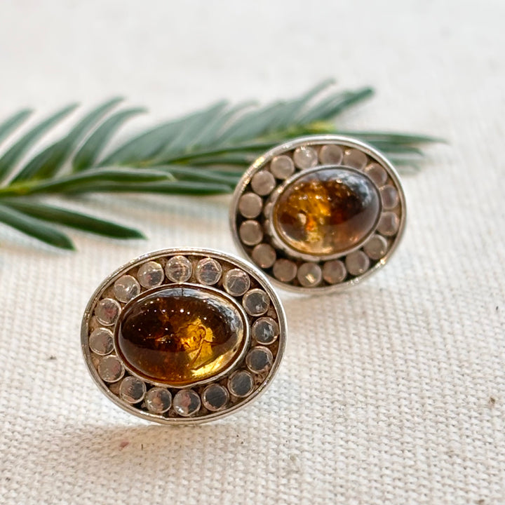 Sterling Silver Amber Halo Stud Earrings