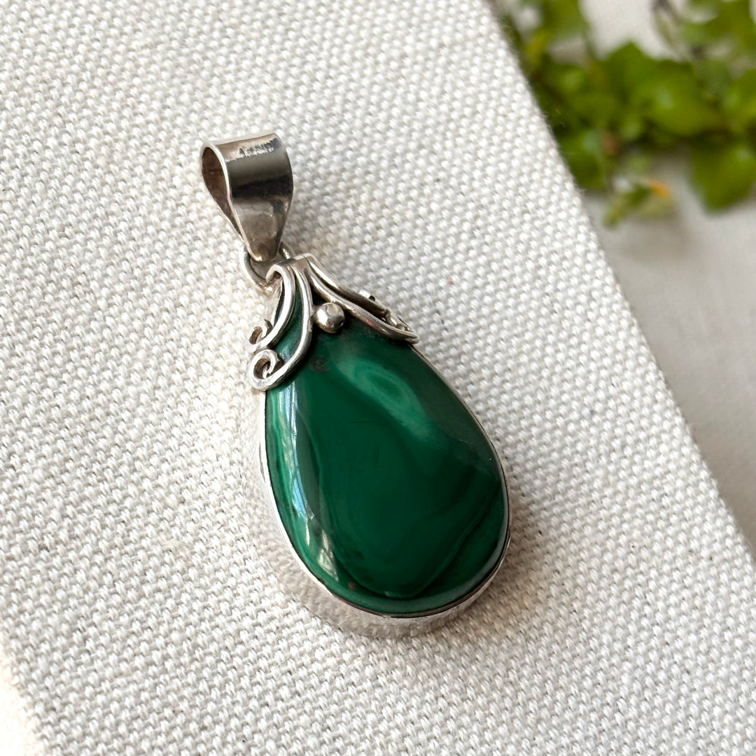 Malachite Sterling Silver Teardrop Pendant with Scroll Detail